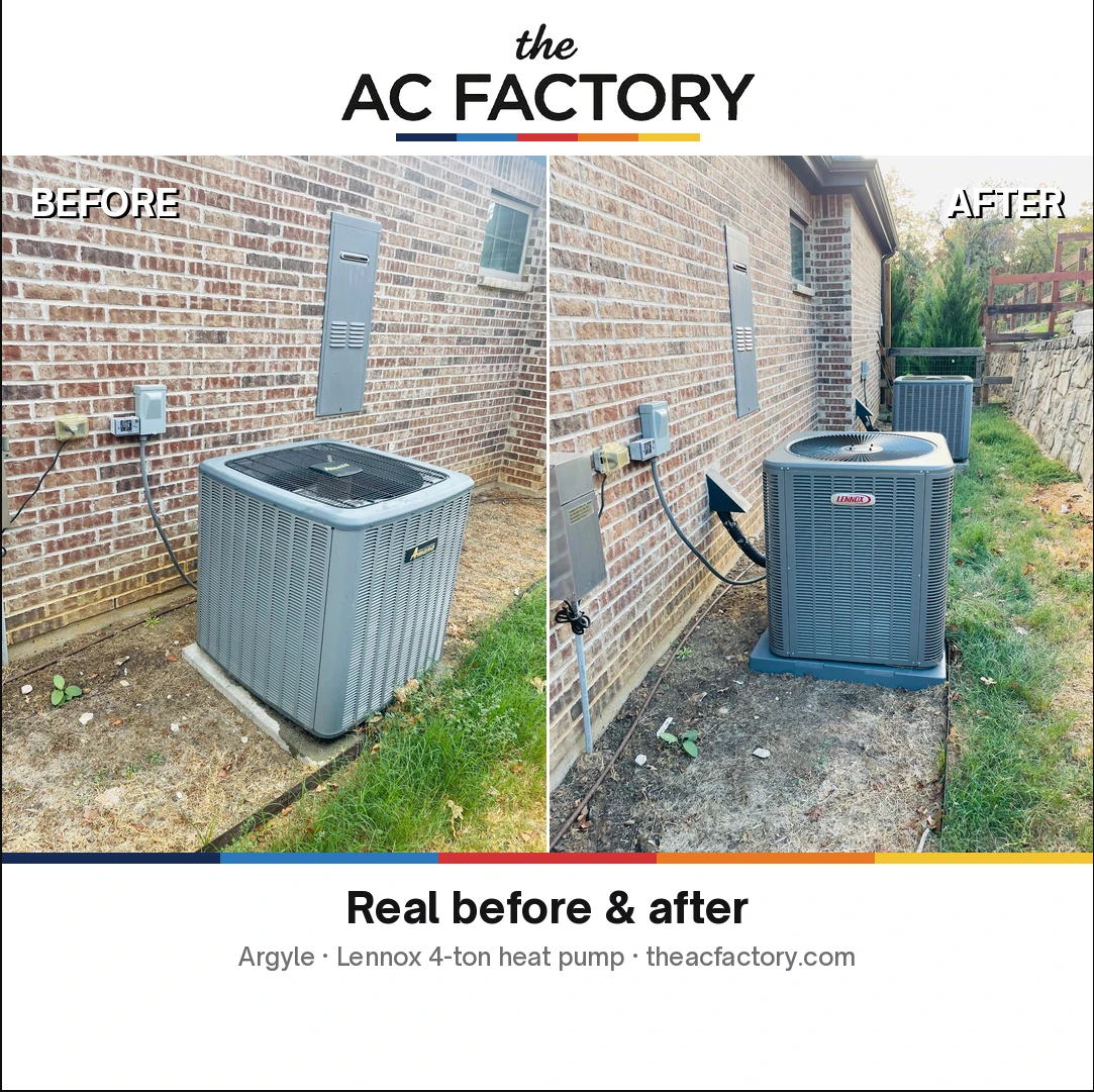 Before and after: an outdoor unit replaced with a new heat pump in Argyle, TX