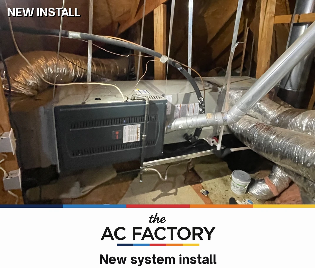 New system installed in an attic, with new duct connections and line set