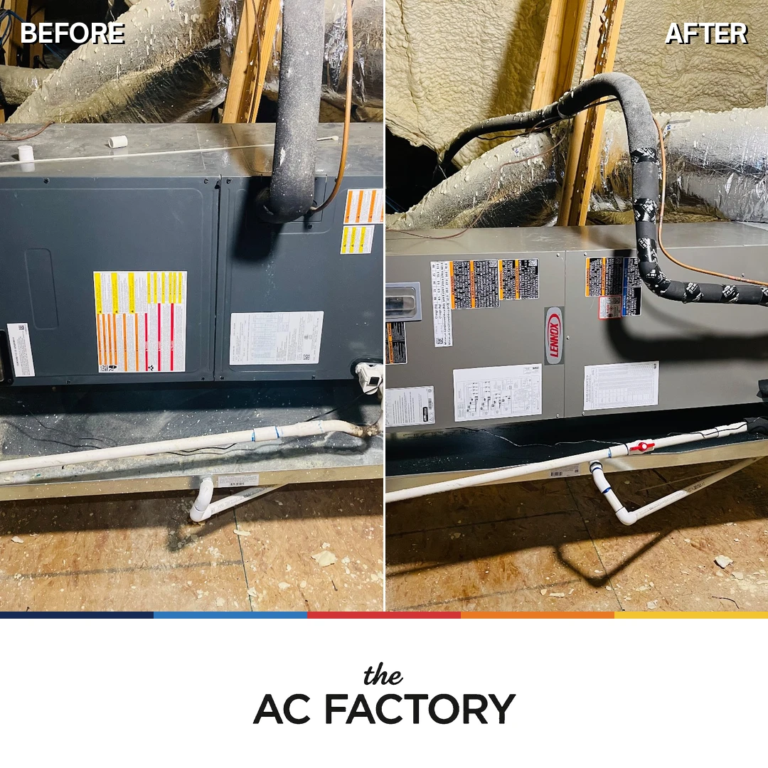 Before and after: attic air handler replaced with a new Lennox unit