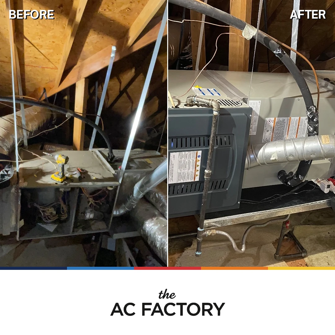 Before and after: attic air handler replaced, with a new insulated line set run