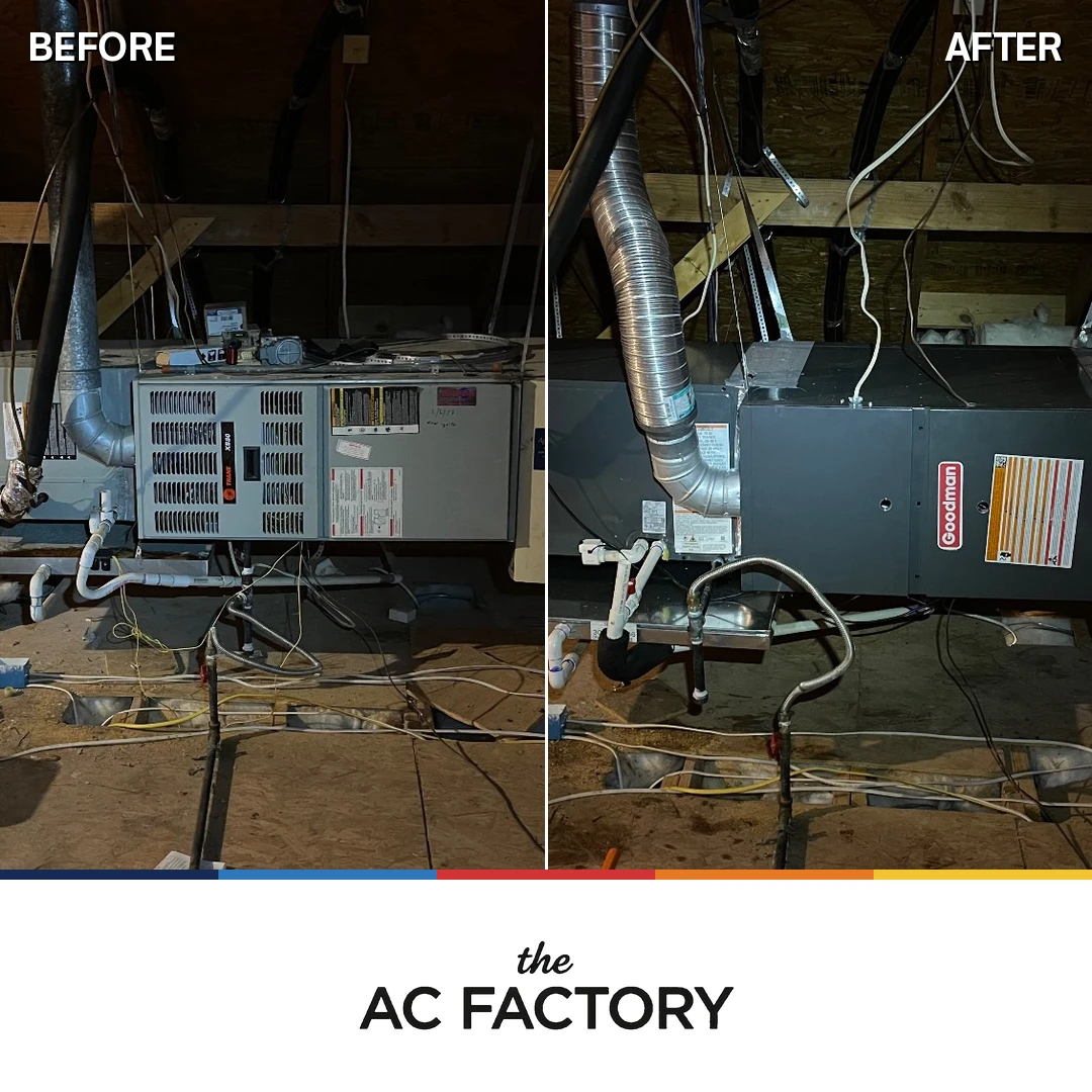 Before and after: attic furnace replaced with a new Goodman gas furnace and new flue