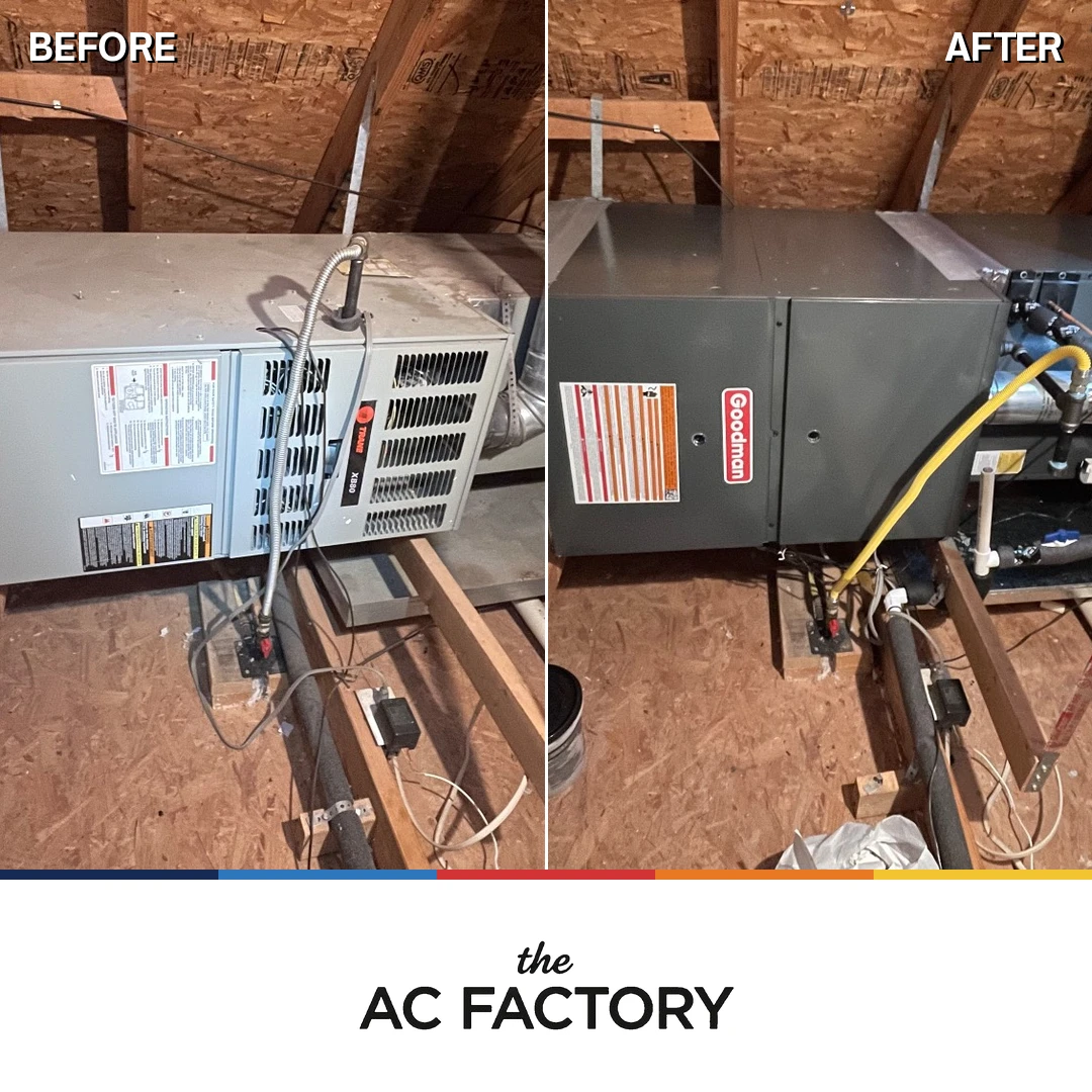 Before and after: older Trane attic furnace replaced with a new Goodman gas furnace