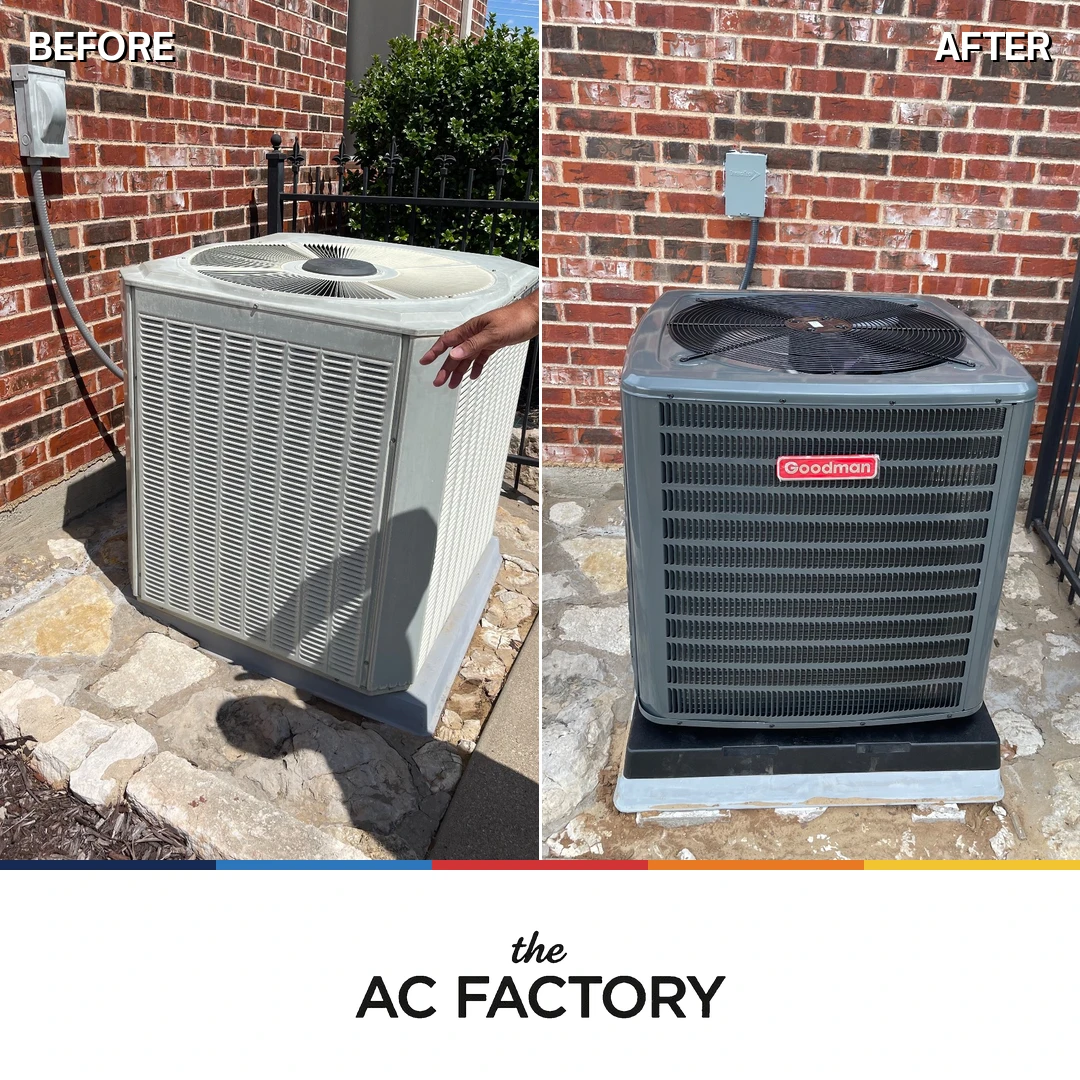 Before and after: outdoor condenser replaced, new unit set on a level pad