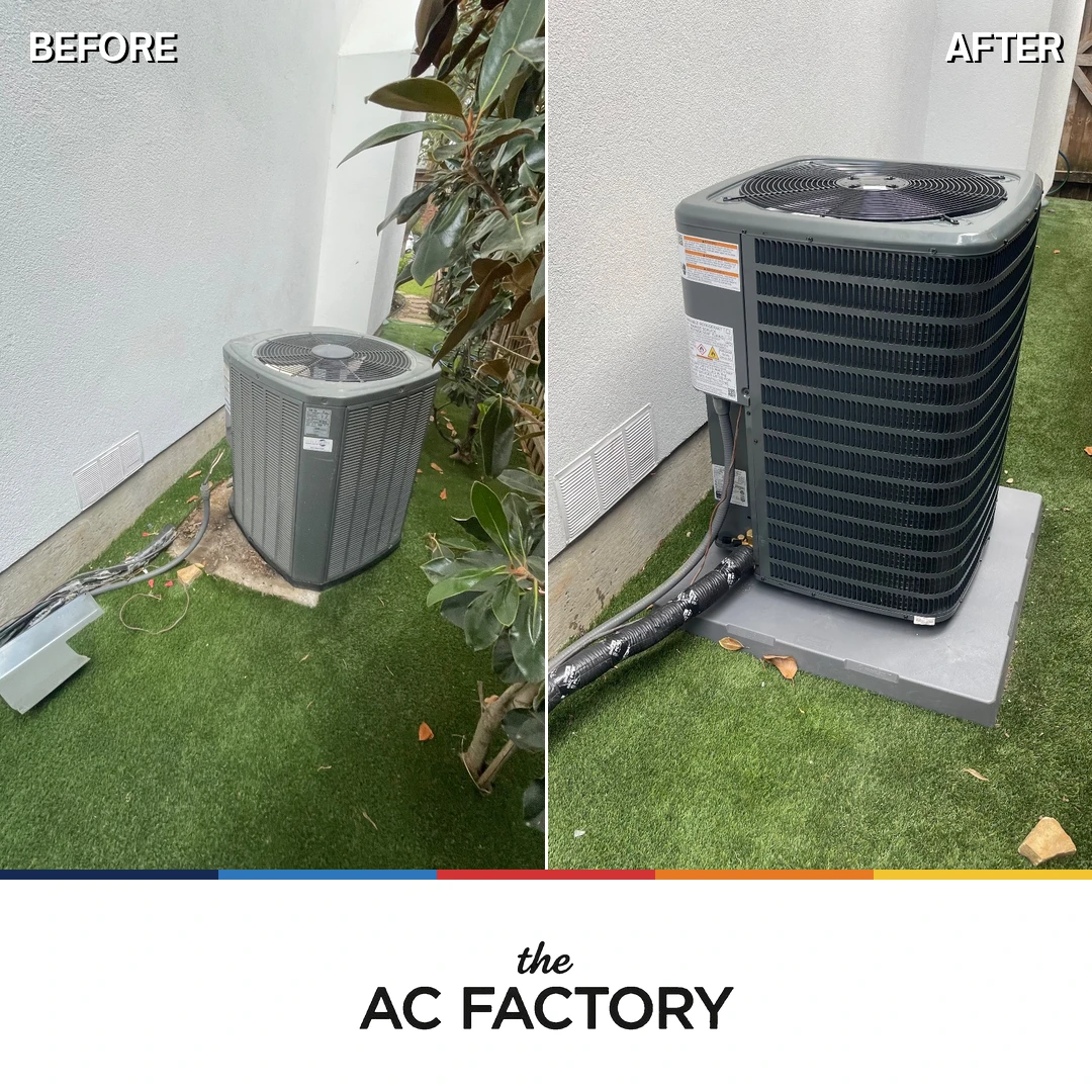 Before and after: old outdoor condenser replaced with a new high-efficiency unit on a fresh pad