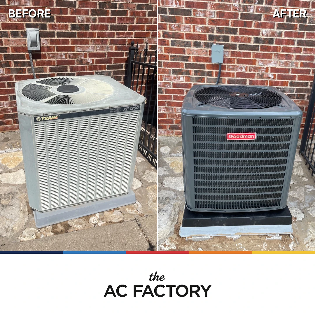 Before and after: an ageing Trane XE1200 condenser replaced with a new Goodman unit