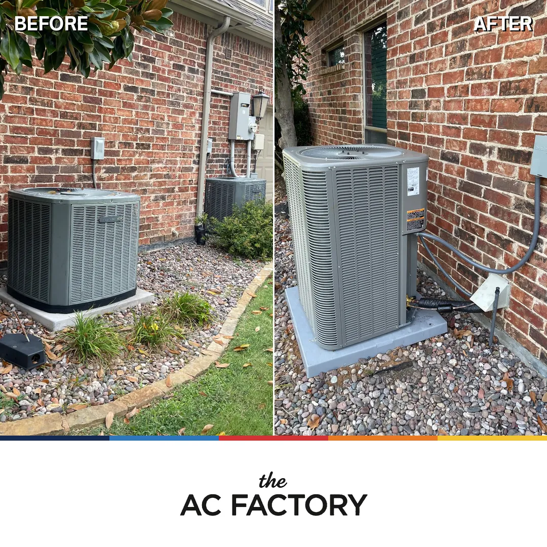 Before and after: an ageing outdoor condenser replaced with a new high-efficiency unit